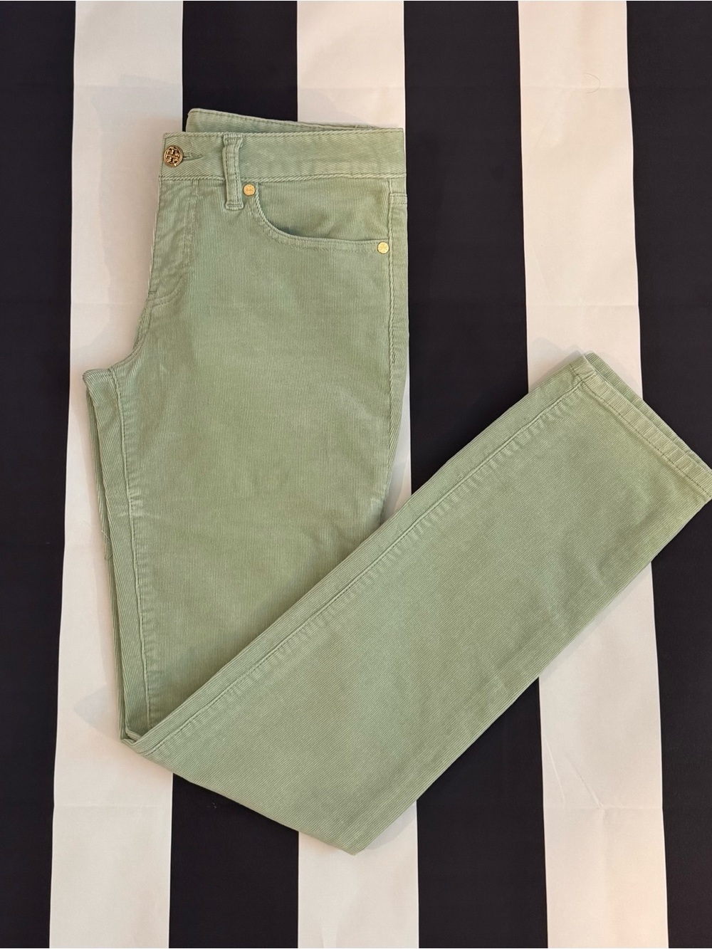 Tory Burch Women's Skinny  Corduroy Jeans in Sage Green with Gold Accents